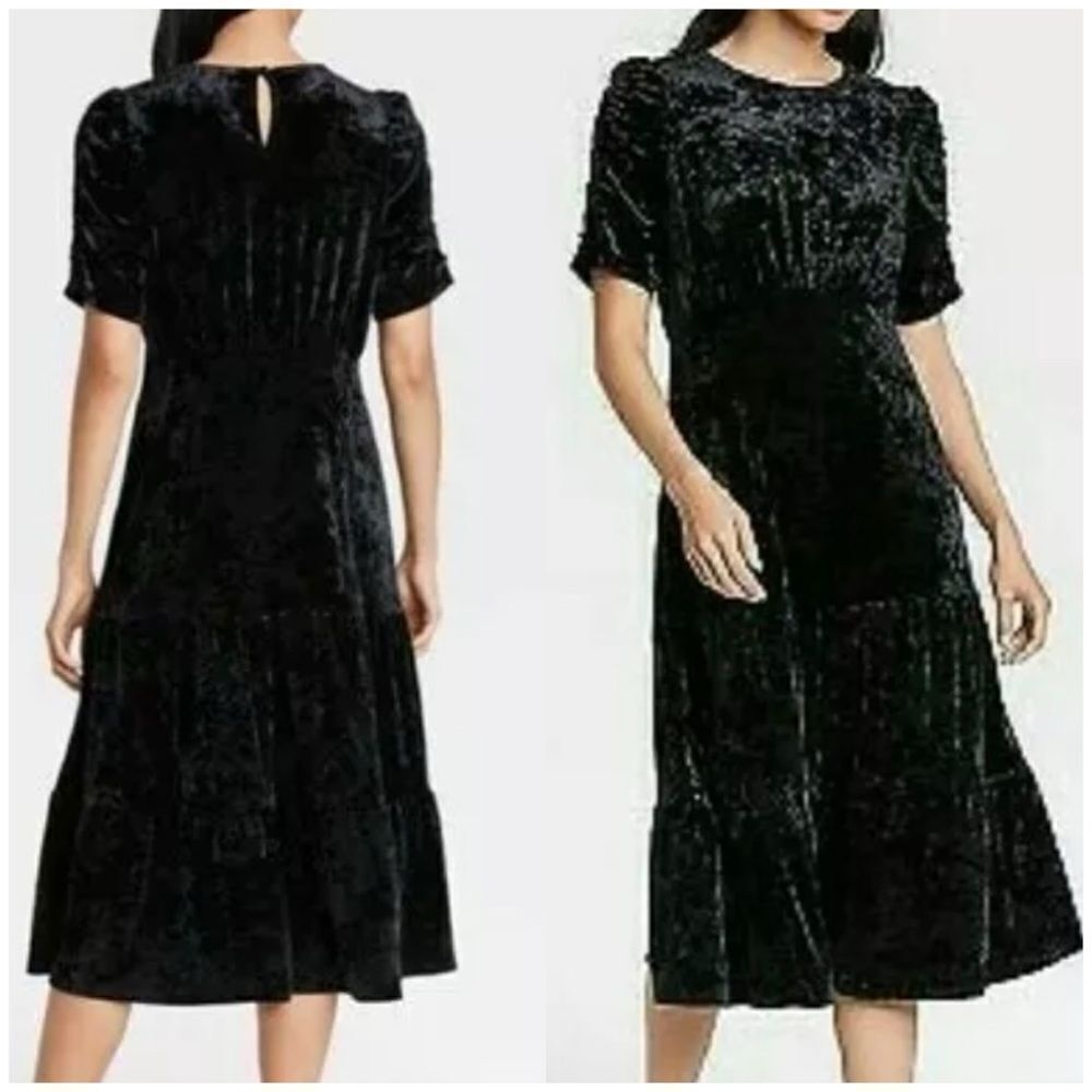 Who What Wear Tiered Short Sleeve Crushed Velvet MIDI Dress Black Size XS